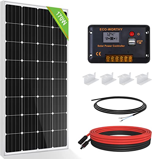 Eco-Worthy 12V 170W Monokristallines Solarpanel Kit Solarmodul Mit 30A Laderegler + 5M Solaradapter-Kit + Z-Halterungen, Netzunabhängig, Geeignet Für Wohnmobil Boot Haushalt